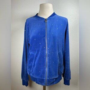Michael Kors Embellished Blue Velour Bomber Zip Up Jacket - Size Medium